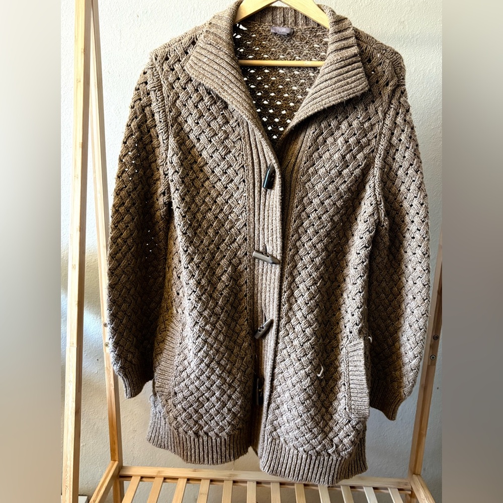J. Jill Brown Herringbone Knit Cardigan Sweater Toggle Front Medium - Picture 2 of 10
